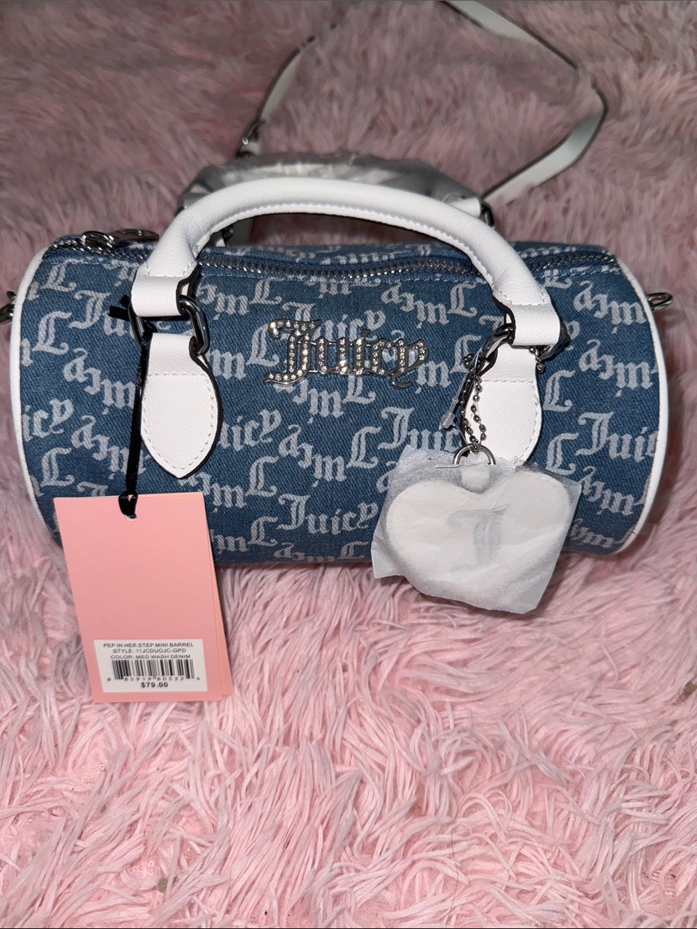 RAREJuicy Couture Blue Monogram Barrel Mini Bag with White Trim and Heart Charm
